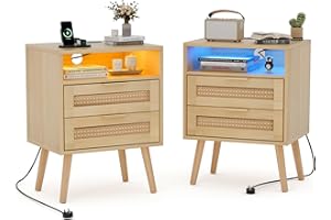 BonVache Set of 2 Bedside Table,Nightstand with Charging Station and LED Lights, Bedside Cabinets with 2 Rattan Drawers and Open Shelf,2pcs Side Tables for Modern Home,Natural Wood