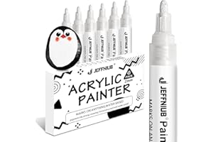 JEFFNIUB Feutre Blanc Pointe Large 2-3mm, 6 Pcs Marqueur Blanc Permanent Feutre Peinture Acrylique Pour Pneu, Galets, Bois, Verre, Metal, Textile Indelebile Blanc