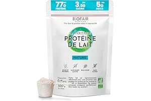 BIOFAIR NUTRITION - Whey Protéine Bio - Saine, 100% Naturelle et Issue de Nos Pâturages Français - Nature, Goût Neutre - 500 Gr