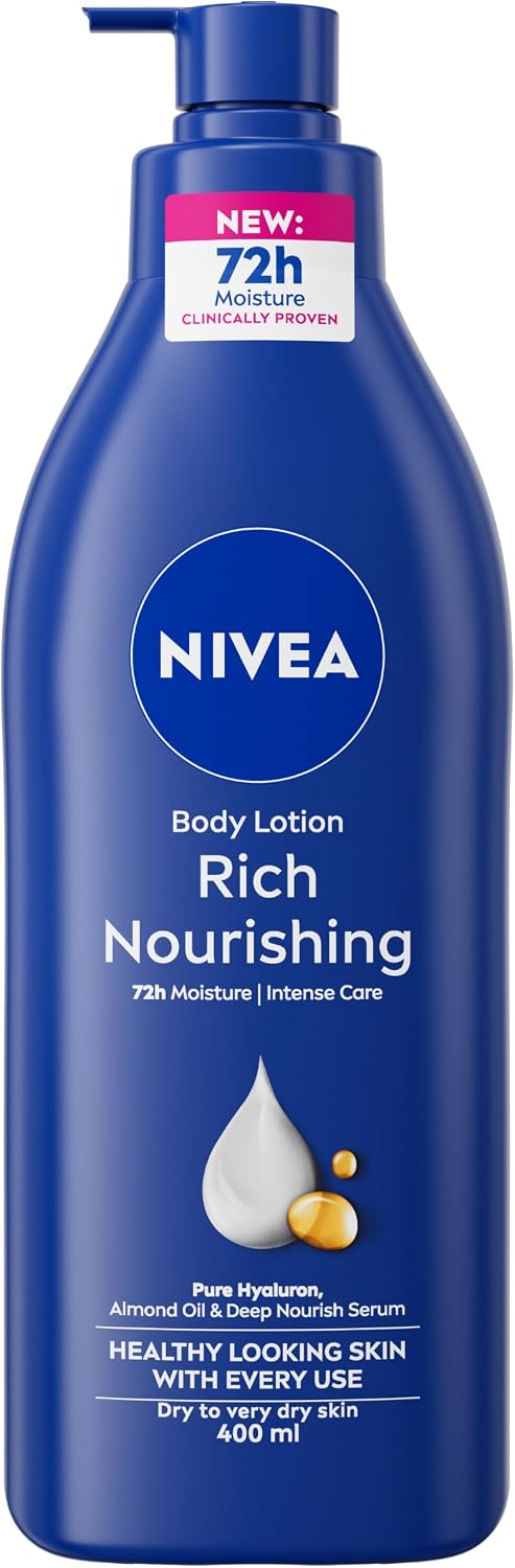 NIVEA Rich Nourishing Body Lotion (400ml), Rich 72H Hydration Moisturiser for Dry Skin Made with Deep Moisture Serum and Almond Oil, Intensive Hydration Body Lotion