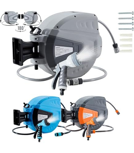 Slanghaspel met tuinslang 20 m, slanghaspel voor wandmontage, 180° draaibaar & automatisch oprolbaar, wandslangbox incl. 9 functies handdouche, voor irrigatie, autowassen