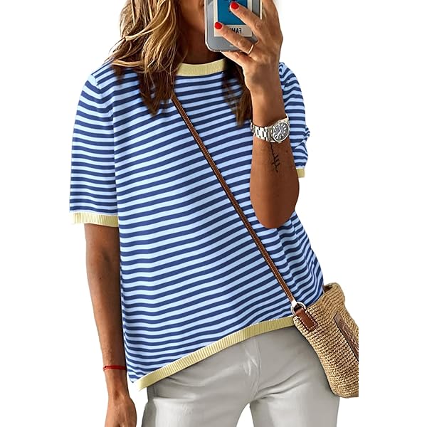 PASUDA Dames tops met korte mouwen zomer casual ronde hals T-shirts dames gebreide gestreepte losse T-shirts tops, Bruin, M