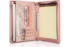 Calfinder Portfolio for Women, PU Leather a4 Document Folder, 2 Ring Binder Writing Case, Conference Folder Planner with Zipper, Business Organizer Ordner, Gift for Women, Pink