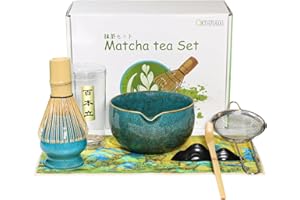 Qxeutm Matcha Set 7-teiliges Premium Matcha Tea Set mit Matcha Schale mit Ausgießer & Bambus-Chasen (100+ spitzen), Halter, Löffel, Sieb, Sacktuch, Komplettes ceremonial Matcha Starter Set (Blau)