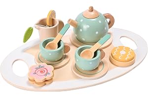 MONT PLEASANT 15pcs Wooden Tea Set for Little Girls, Wooden Toys, Toddler Tea Set Play Kitchen Accessories Play Food playset for Kids Tea Party
