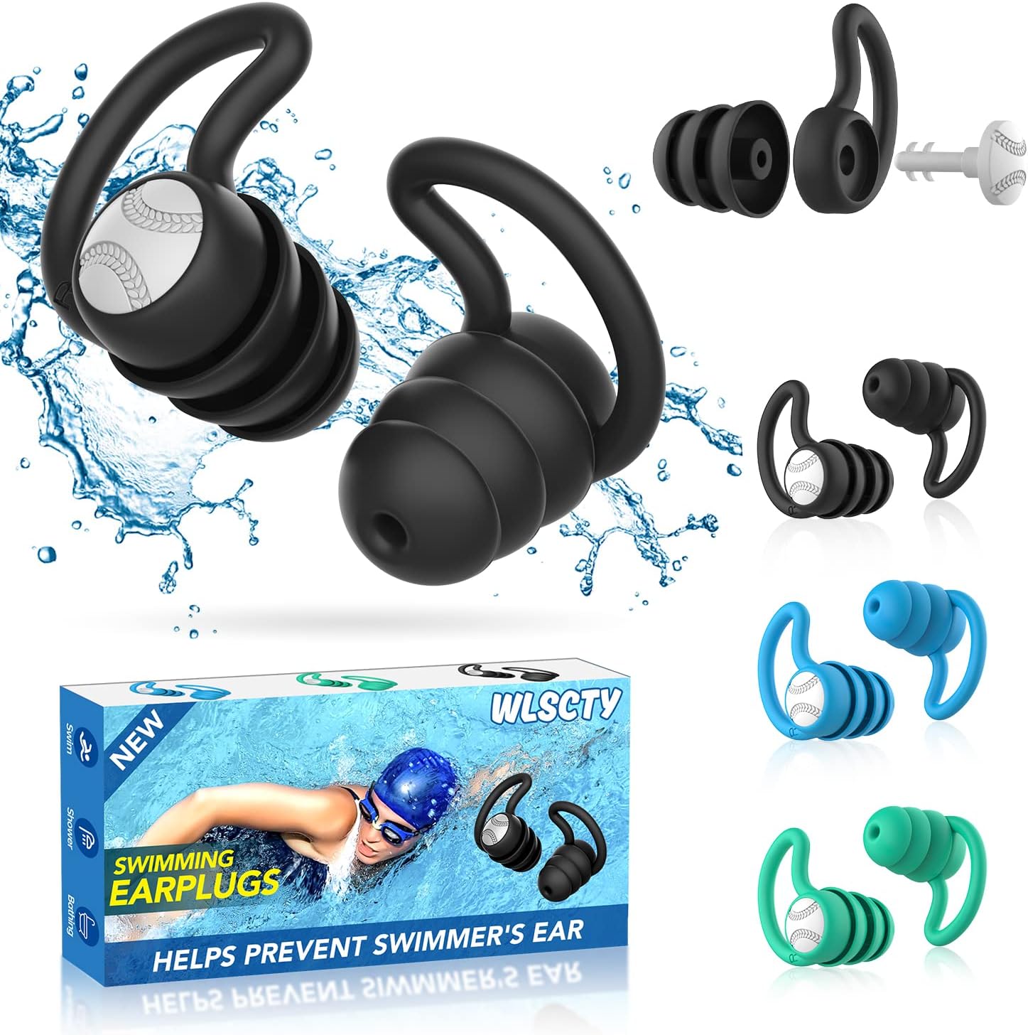 Tapones oidos natación para adultos - Impermeables reutilizables de silicona suave tapones para los oídos para la ducha, natación(3 pares)