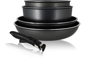 MENASTYL - set de 5 pièces – 2 poêles 24/28 cm + 2 casseroles 18/20 cm + 1 poignée amovible – 6020285 – Tous feux dont induction - Fabriqué en France - Revêtement antiadhésif – Noir