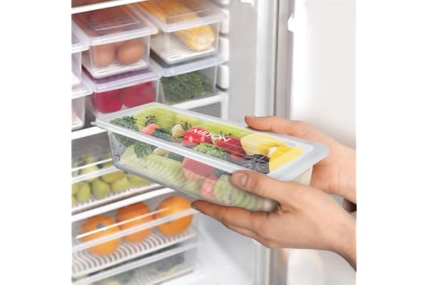 MILTON Cryo Fridge Storage Boxes Set of 6 Fridge Organizer Container with Waterproof Vinyl Stickers & Removable Drain Plate, Lid, Stackable Box, Plastic Containers 1500 ml, Transparent