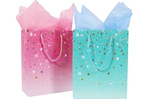NIDEEN 2 Pack Gift Bags with 4 Tissue Paper, Small Medium Gift Bag for Present, Birthday Gift Bag for Women, Wedding, Baby Shower, Graduation Party, Bridal Shower(Blue, Pink)