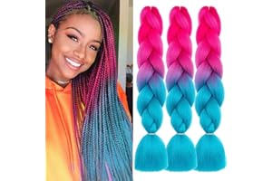 PORSMEER 24 Pouces Kanekalon Ombre Jumbo Cheveux Tressage Extensions,3 paquet de meches pour tresses africaine,Synthétique rajout cheveux tresses,Rouge/Bleu