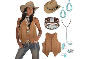 OJMHD 9 Pcs Western Cowgirl Costume for Women, Halloween Cowgirl Outfits with Boho Tassel Vest Cowboy Hat Turquoise Necklace Bracelets Ring for Cosplay Hippie Party