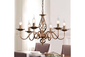 ‎JIINOO JIINOO Kronleuchter Traditioneller Country, Vintage Höhenverstellbarer Kerzenleuchter aus Schmiedeeisen Bronze, 6 Lichter Deckenlampe Klassische Pendelleuchte für Küche Esszimmer Wohnzimmer
