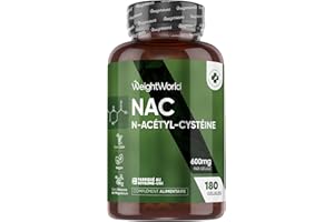 WEIGHTWORLD NAC N-Acetyl-Cysteine, Acide Aminé L-cystéine, Gluthation, Source Végétale sans Arôme Artificiel - N Acétylcystéine 600mg -180 Gélules Vegan pour 6 Mois, sans OGM & Gluten - Fabriqué au Royaume-Uni