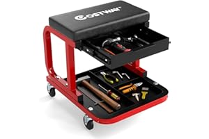 COSTWAY Taburete de Taller con Ruedas, Taburete Mecánico Acolchado con Cajón, Bandeja para Herramientas, Capacidad de Carga de 185 kg, Asiento Giratorio para Garaje, Reparación de Automóviles (Negro)