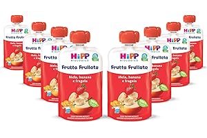 HiPP - Frutta Frullata Bio per Bambini, Purea 100% Frutta al Gusto Mela, Banana e Fragola, Senza Zuccheri Aggiunti, 8 Confezioni da 90 g