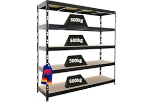 ‎PROREGAL PROREGAL Profi Schwerlastregal Rhino EXTRA BREIT schwarz HxBxT 200x200x60cm Fachlast 500kg 5X Spanplatten-Ebenen 8mm Garagenregal, Lagerregal, Steckregal, Weitspannregal