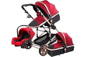 Magic ZC Carrito Bebe 3 en 1, Carro de Bebe 3 Piezas con Empuje Reversible de Dos Vías, Carrito Bebe con Diseño Portátil Plegable de Un Clic, Cochecito Bebe 3 Piezas con Accesorios (Rojo)