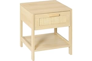 HOMCOM Mesita de Noche Mesa Auxiliar con Cajón de Ratán y Estante Inferior Base Elevada para Dormitorio Sala de Estar 40x40x48 cm Color Madera