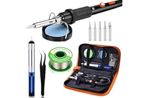 Preciva 11 in 1 Fer à Souder Set, 60W Température Réglable 220~480℃, 5 Pannes à Souderage, 1 Pince, Barre de Soudure avec ON/OFF pour la Maintenance Electrique (Noir)