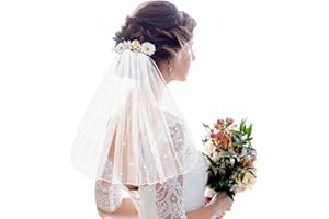 KALIONE Welon dla panny młodej, krótki, z białymi perłami, welon dla panny młodej, 45 cm, tiul, welon ślubny, satynowa krawędź z grzebieniem, akcesoria ślubne, na wieczór kawalerski (jga), wesele, imprezę,