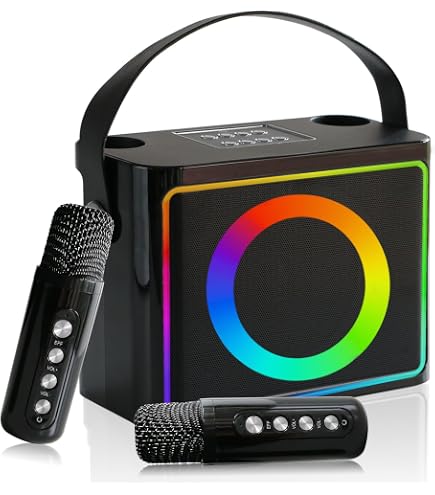 Máquina De Karaoke Portátil Con 2 Micrófonos Inalámbricos – Mini Altavoz Con Modos De Sonido Mágicos Para Niños, Conexión Bluetooth