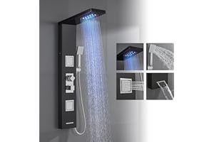 ROVOGO LED Duschpaneel mit Thermostat, 4-Funktionen (Regendusche, 2 Massagedüsen, Handbrause und Badewanneneinlauf), Edelstahl Duschpaneel mit Armatur, Schwarz