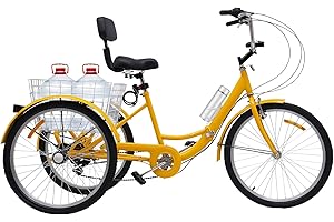 OUBUBY Triciclo adulto 24 pollici 7 marce, pieghevole triciclo città vecchia con luci a LED cestino della spesa con schienale bicicletta adatto per tutti i rivestimenti stradali