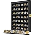 Jinchuan Military Challenge Coin Display Case Lockable Cabinet Rack Holder Shadow Box with Removable 2 Grooves Shelves and Anti Fade Acrylic Glass for Casino Poker Chips Collectibles (Large-Black)
