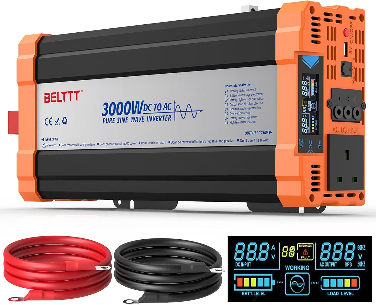 Rewing 3000W Power Inverter 12V to 240V (220V-250V) AC Pure Sine Wave Inverter,Car Inverter DC 12v to AC 230V UK with AC Sockets Dual Car Adapter With LED Display Suitable for Travel, RV, Camping