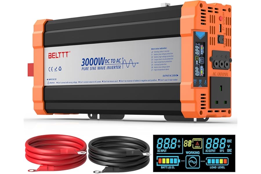 Rewing 3000W Power Inverter 12V to 240V (220V-250V) AC Pure Sine Wave Inverter,Car Inverter DC 12v to AC 230V UK with AC Sockets Dual Car Adapter With LED Display Suitable for Travel, RV, Camping