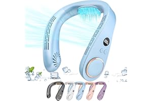 KOURIC Ventilateur Cou 5500mAh,Ventilateur Air Froid Portable Rechargeable,Personnel Mini Ventilateur USB 4 Vitesses,Casque Ventilateurs de Cou Bureau Silencieux Bladeless pour Extérieur Voyage Camping Bleu