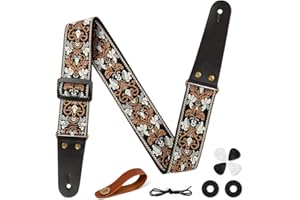 Aucuu Pasek do gitary, 5 cm haft paski gitarowe ze skórzanymi końcówkami pasek na ramię, vintage haftowane paski gitarowe są dostarczane z przyciskiem Str-aps, 1 para zamków Str-ap i 4 kostki gitarowe