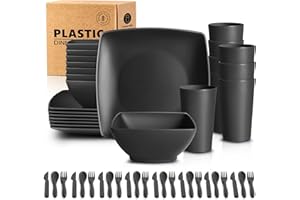 Teivio 24-Piece Square Plastic Plates Bowls and Cup Set with Cutlery, Kitchen Dinner Set Service for 8, Dinner Plate/Bowl/20 oz Cup/Knife/Fork/Spoon, Unbreakable Outdoor Camping Dishes, Black