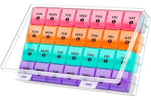 Extra Large Monthly Pill Organizer - 7-dagars färg piller dispenser en gång om dagen med 4 tabletter per vecka i 28 dagar - BPA-fritt dammsäkert fodral XL Medicin Organizer Box för piller, tabletter, kosttillskott