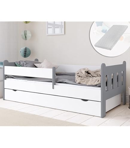 Letto Bambini WFL GROUP Con Materasso | 70x140cm, Bianco - Con Cassetto E Barriera Di Sicurezza