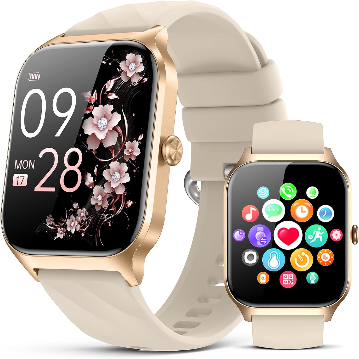 Kriutefy Smart Watch for Women Men - Answer/Make Call, Fitness Tracker Smartwatch for Android iPhone Compatible, Sleep Female Cycle, 120+ Sports Modes Step Counter (Champagne Gold, 2 Straps)