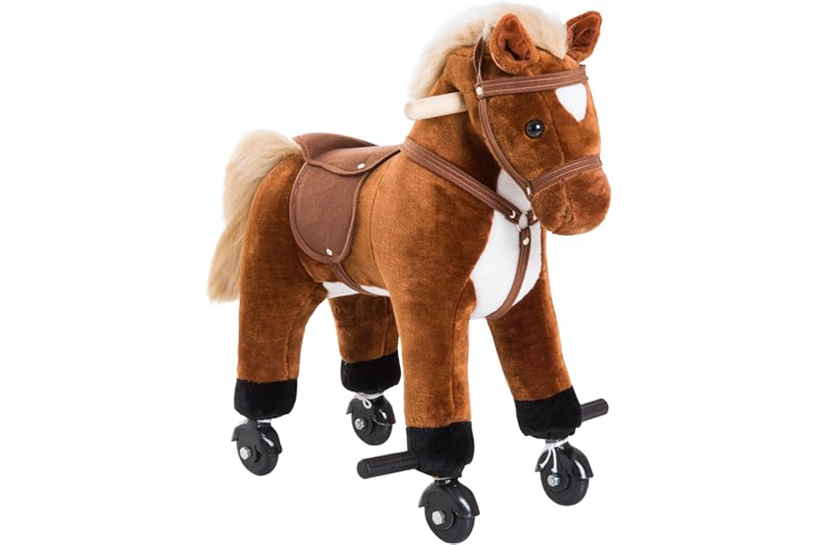 HOMCOM Rocking Horse Kids Ride on Walking Horse Animal Pony Wheeled Riding Plush Toy w/Sound for 2 Years and Up (Brown)
