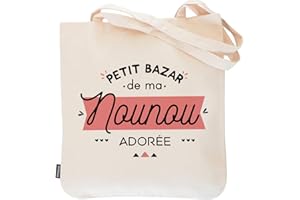 Manahia Tote bag Cadeau Nounou - Petit Bazar d'une Nounou Adorée - 100% coton - Merci Nounou - Sac Nounou - Meilleure Nounou - Cadeau Noël Nounou - Anniversaire Nounou
