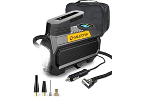 E-SMARTER Car Tyre Inflator Air Compressor, 12V/ 120W/ 150 PSI/ 10.5 Bar, Car Tyre Pump with Handle, 4 Valve Adaptors, LED Light, 2xFaster Car Pumps for Tyres of Car, Bike, Motorcycle, Ball, Mattress