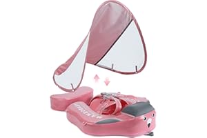 HECCEI Baby Swimming Float Add Tail Newest Mambobaby Pool Float with Canopy, Non-Inflatable Soft Waterproof Skin-Friendly Leather Material Toddler Swim Ring Age of 3-24months