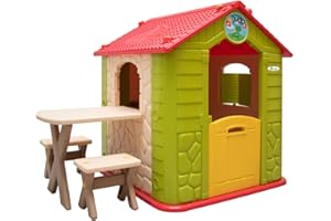 LittleTom Maison de Jeu de Jardin en Plastique Maisonnette pour Enfants - 1 Table 2 bancs Beige Vert