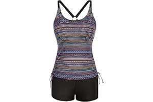 JASAMBAC Women's Strappy Tankini Swimsuits Drawstring Bathing Suits Two Piece Floral Print Swimwear with Shorts