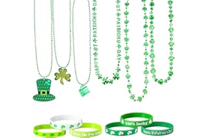 HERDEAR 12 Stück St. Patrick's Day Accessoires einschließlich 6 Kleeblatt Gummiarmband, 6 St.Patrick's Day Halsketten Perlen Party Zubehör für Kinder Männer Frauen Kostüm Dekoration Cosplay, Grün