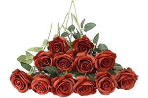 LAELFE 12 Pièces Fleurs de Roses Artificielles, Longues Tiges Fausse Roses en Soie pour Bouquet de Mariée Douche Nuptiale Décorations de Jardin à la Maison (Orange Brûlé)