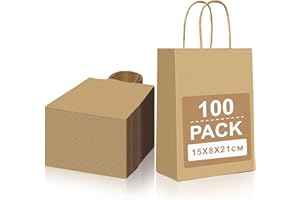 Gucass 100 Pcs Petit Sac en Papier Kraft avec Poignée, Marron Sac Cadeau 15x8x21cm, Pochette Papier Sacs Cadeaux, Sachet Kraft pour Fête Noël Mariage Anniversaire