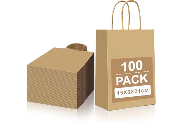 Gucass 100 Pcs Petit Sac en Papier Kraft avec Poignée, Marron Sac Cadeau 15x8x21cm, Pochette Papier Sacs Cadeaux, Sachet Kraft pour Fête Noël Mariage Anniversaire