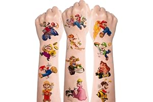 DEen Kids Tattoos 8 Sheets,Cute Super Mario Temporary Tattoos for Kids,Waterproof Childrens Fake Tattoo Stickers for Boys Kids Party Bag Fillers Birthday Gift Favour Supplies, 10.9*15.5cm