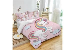 CIUNVXD 3 Teilig Kinder Rosa Cartoon Einhorn Bettbezüge Set,Niedliches Einhorn,Regenbogen Einhorn Bettbezug für Jungen Mädchen (B, 200x200cm)