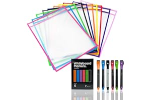 PREVIS Pochettes Effaçables A4-10 Pièces + Boîte avec 6 Marqueurs et Effaceur - Pochettes Ardoise Réutilisables, Pochettes Effaçables à Sec - Idéal pour Matériel Indispensable Enseignant, Enfants