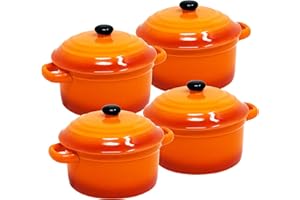 ToCi – Cacerolas con tapa | Mini cazuelas de horno de cerámica 300 ml | Moldes redondos de 10 x 5 cm de diámetro, naranja, rojo y en sets